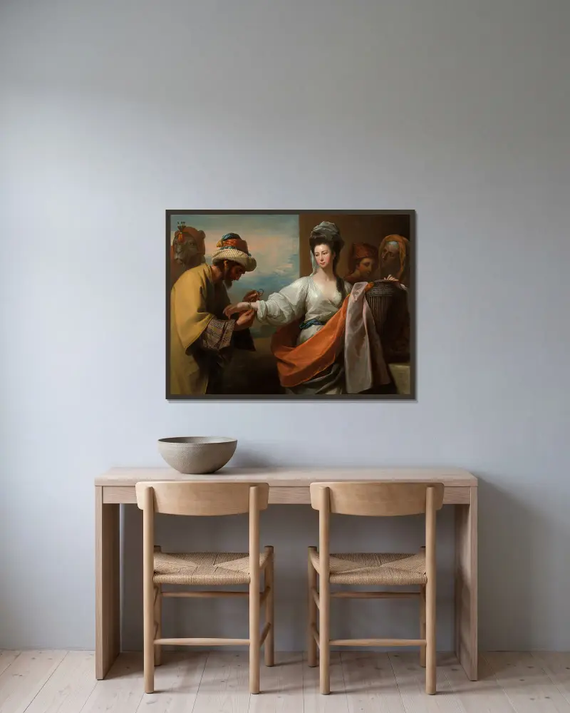 Isaks tjänare fäster armbandet på Rebeckas arm av Benjamin West inramad på en vägg
