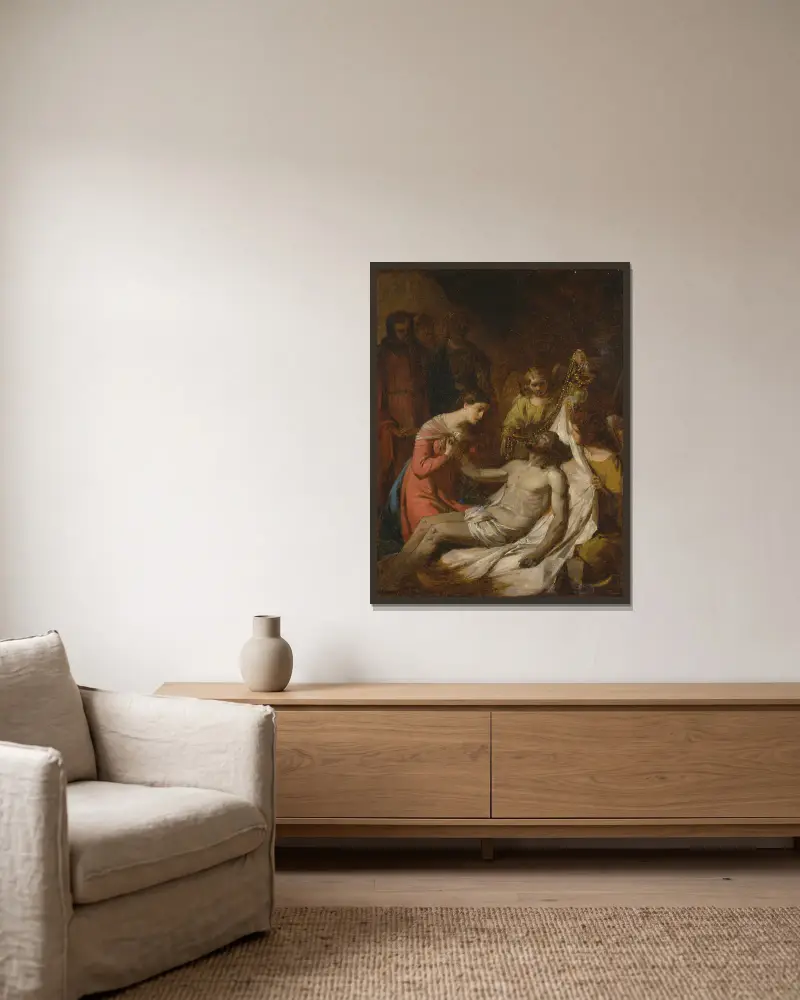 Studie av Klagosången över den döde Kristus av Benjamin West inramad på en vägg
