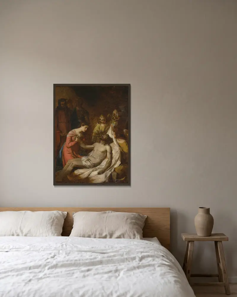 Studie av Klagosången över den döde Kristus av Benjamin West inramad på en vägg