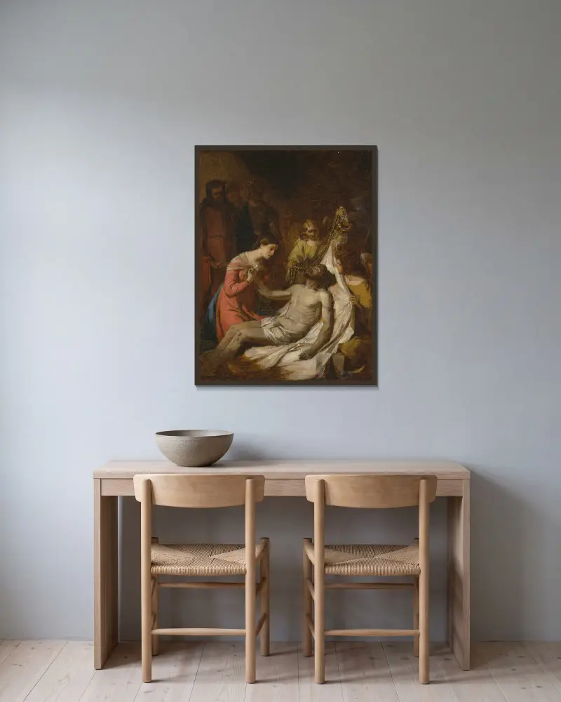 Studie av Klagosången över den döde Kristus av Benjamin West inramad på en vägg