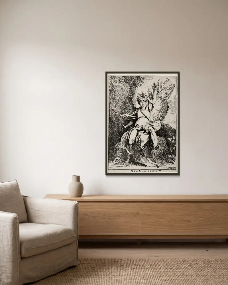 Ängeln vid Kristi grav av Benjamin West inramad på en vägg