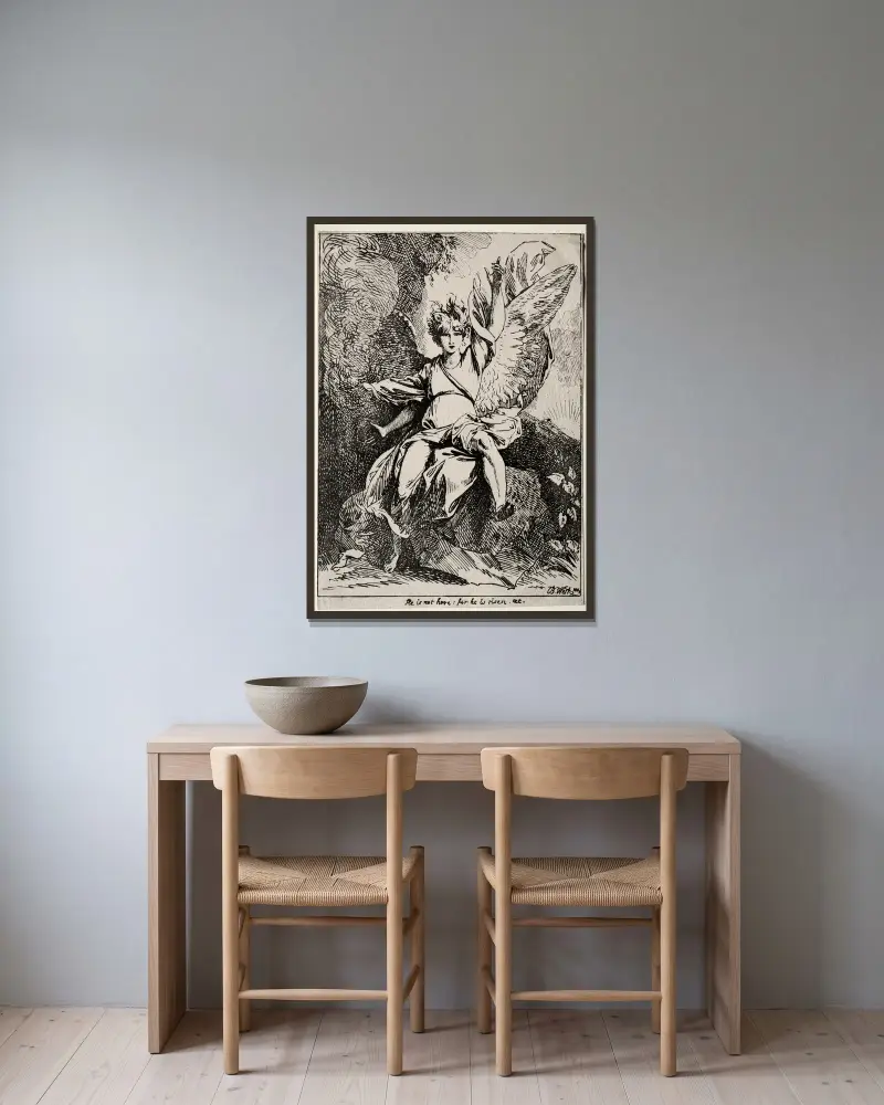 Ängeln vid Kristi grav av Benjamin West inramad på en vägg