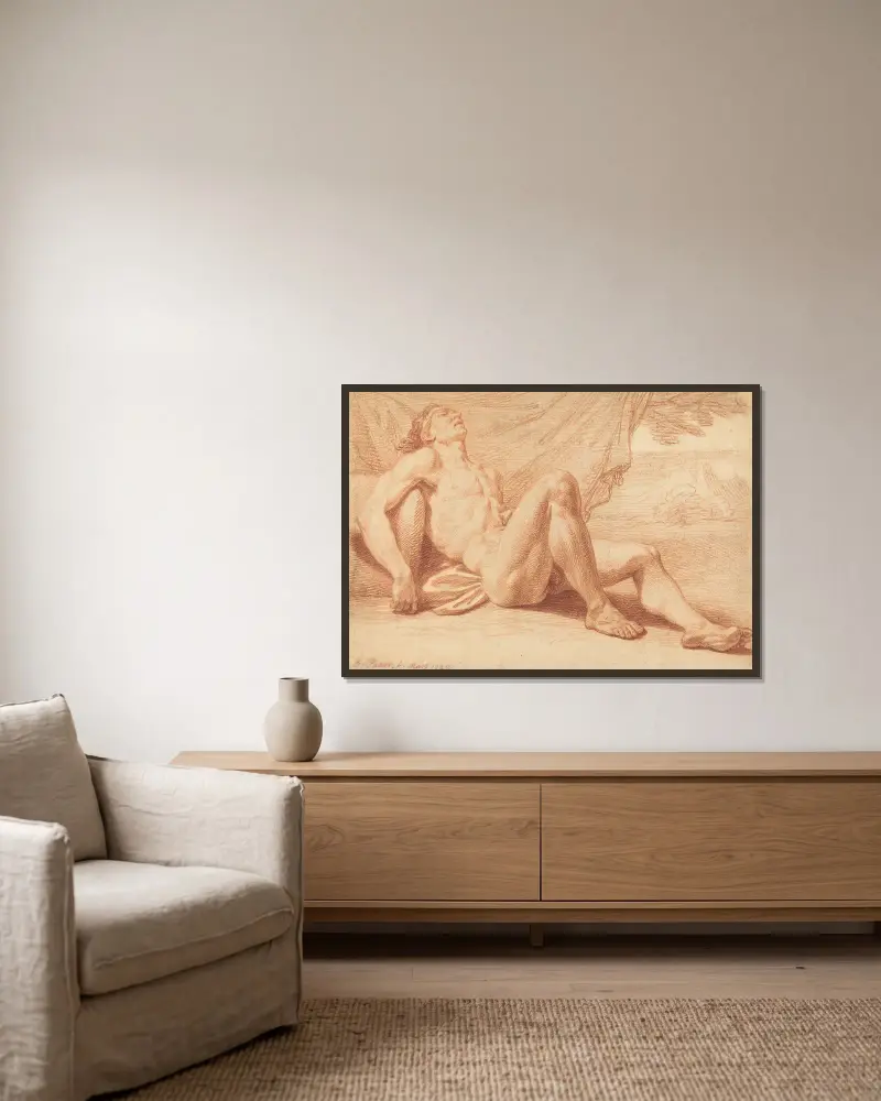 A Reclining Male Nude av Bernard Picart inramad på en vägg