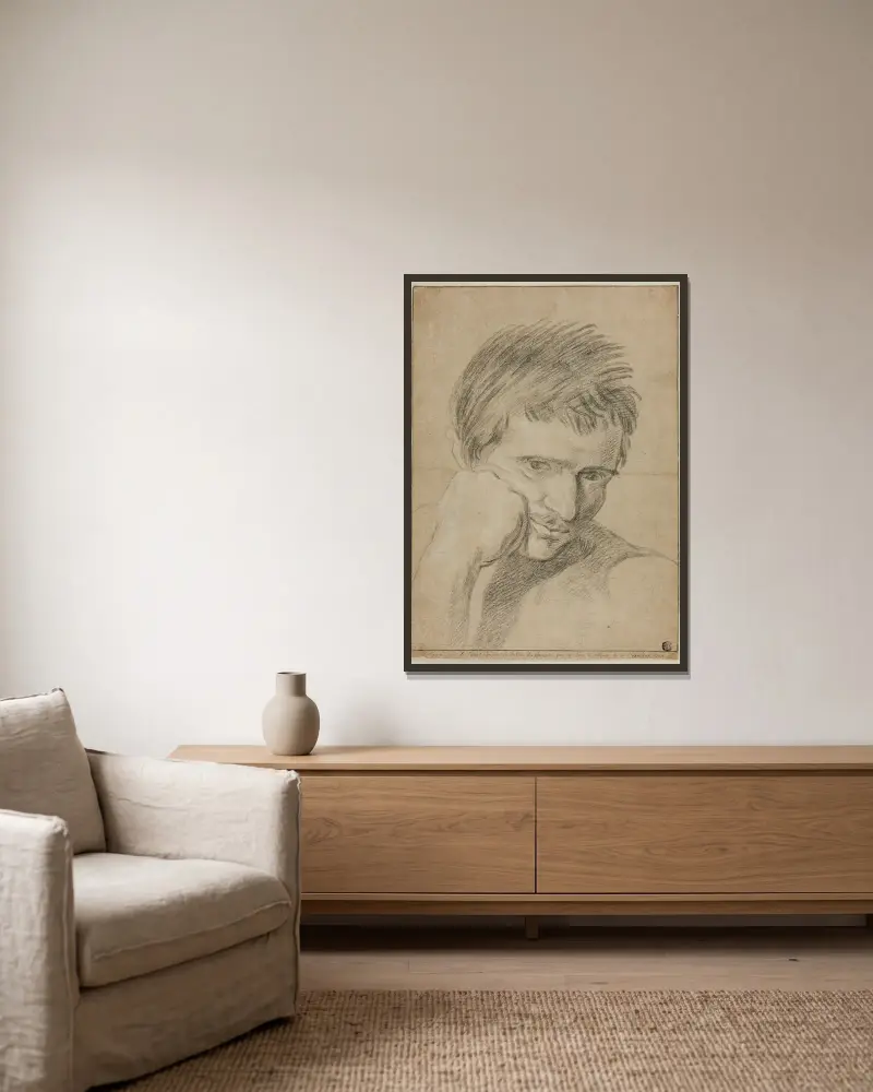 Büste eines jungen Mannes, das Kinn auf die Hand gestützt von Bernard Picart gerahmt an einer Wand