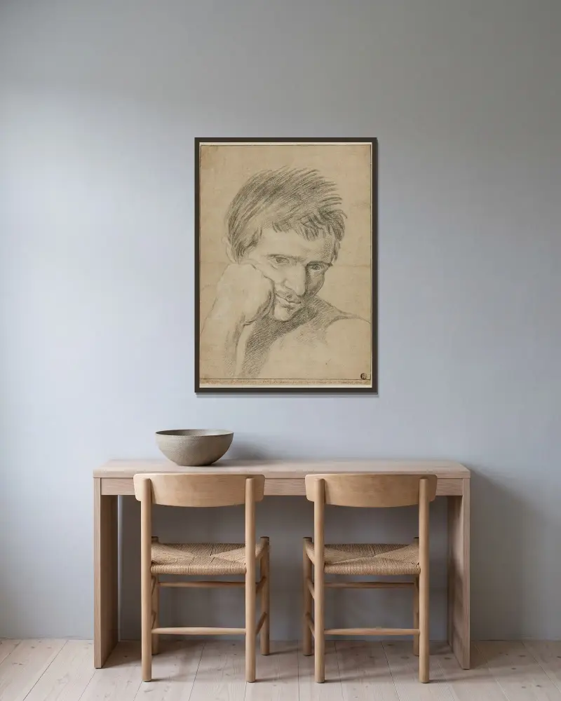 Büste eines jungen Mannes, das Kinn auf die Hand gestützt von Bernard Picart gerahmt an einer Wand