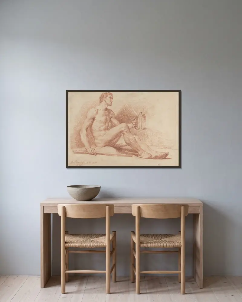 Manlig nakenstudie med lampa (Diogenes) av Bernard Picart inramad på en vägg