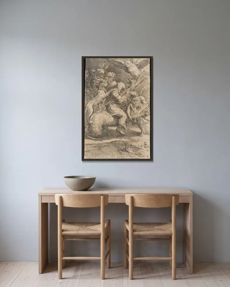 Der Hexensabbat von Bernard Picart gerahmt an einer Wand