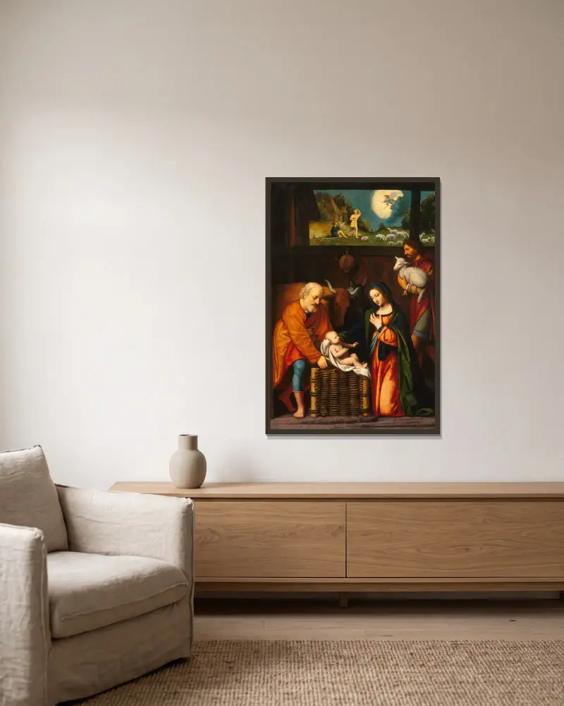 Tillbedjan av Kristusbarnet och herdarnas ängel av Bernardino Luini inramad på en vägg