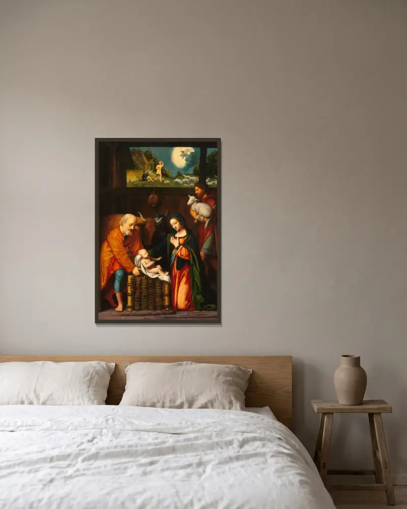 Tillbedjan av Kristusbarnet och herdarnas ängel av Bernardino Luini inramad på en vägg