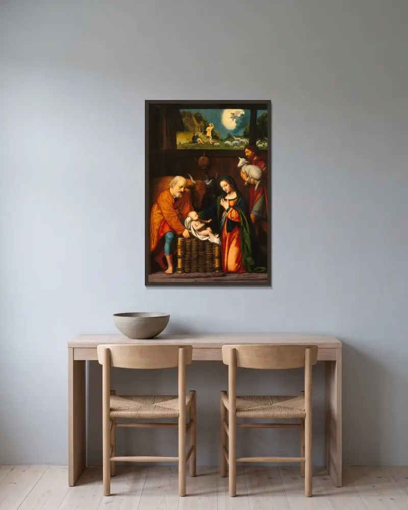 Tillbedjan av Kristusbarnet och herdarnas ängel av Bernardino Luini inramad på en vägg