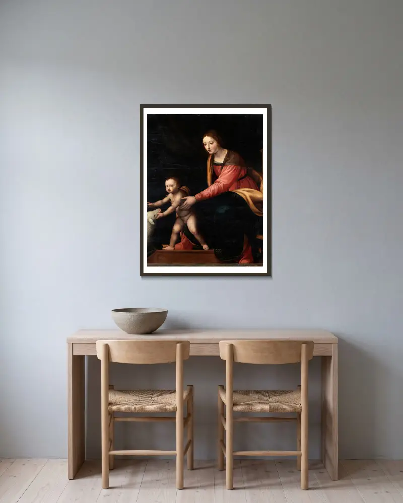 Madonna and Child av Bernardino Luini inramad på en vägg
