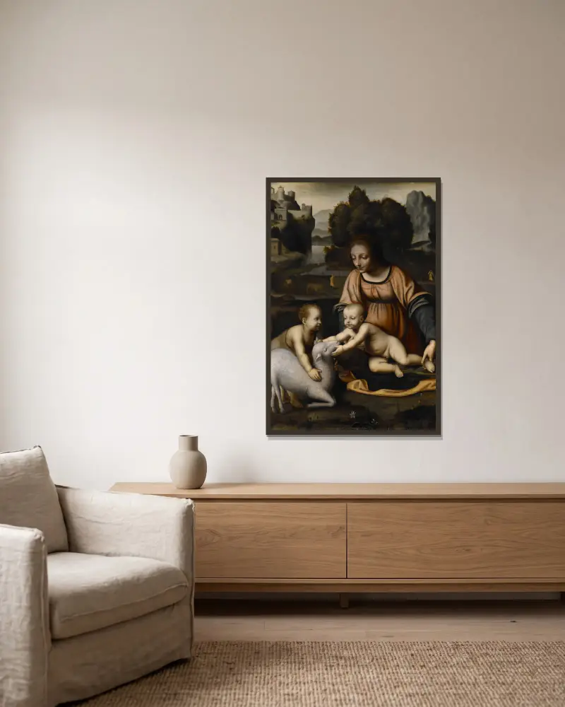 Madonna mit Kind, Johannes dem Täufer und dem Lamm von Bernardino Luini gerahmt an einer Wand
