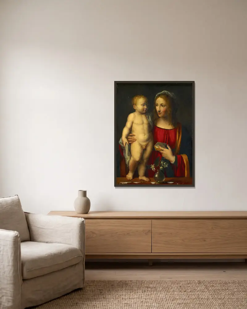 Madonna With Child av Bernardino Luini inramad på en vägg
