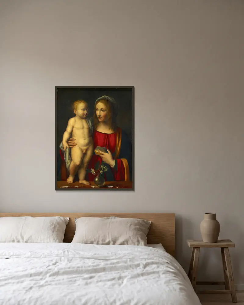 Madonna With Child av Bernardino Luini inramad på en vägg