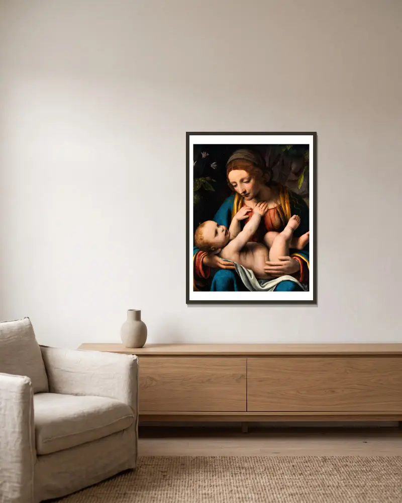 Madonnan med Kristusbarnet av Bernardino Luini inramad på en vägg