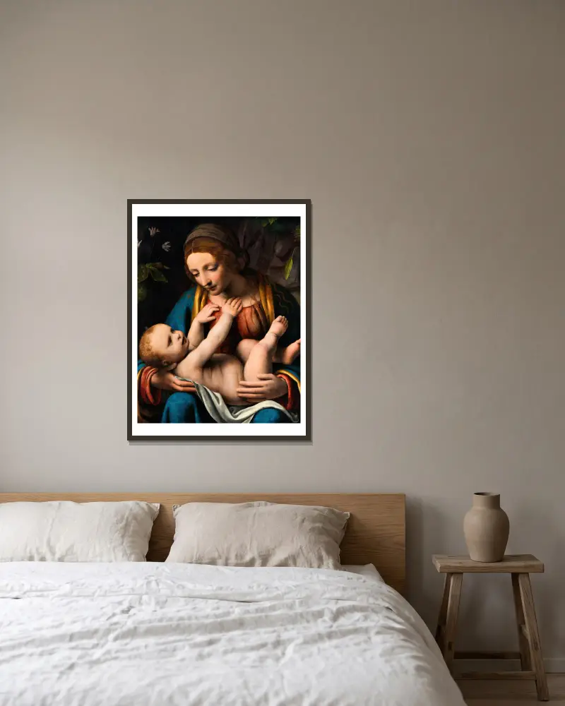 Madonnan med Kristusbarnet av Bernardino Luini inramad på en vägg
