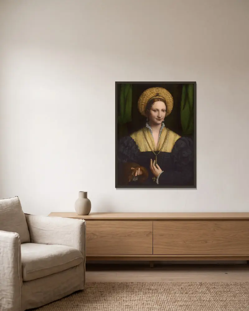 Porträtt av en dam av Bernardino Luini inramad på en vägg