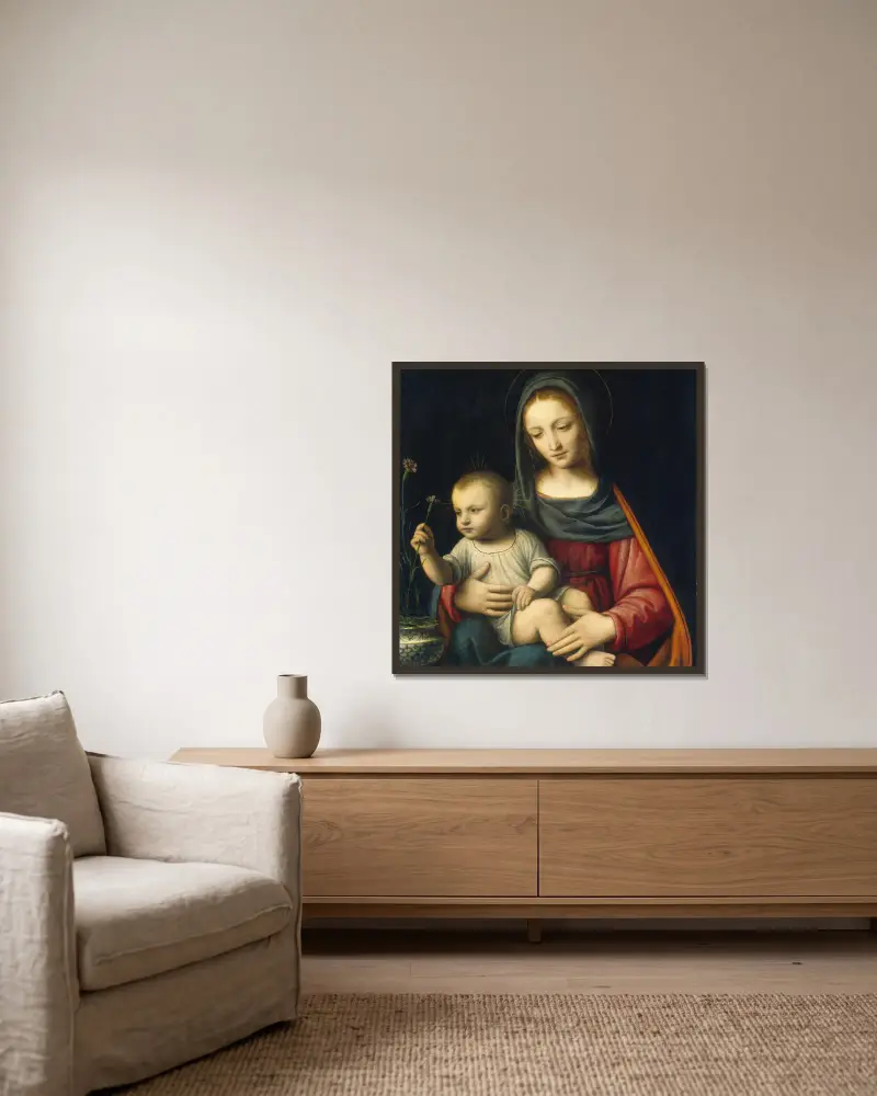 Madonnan med nejlikan av Bernardino Luini inramad på en vägg