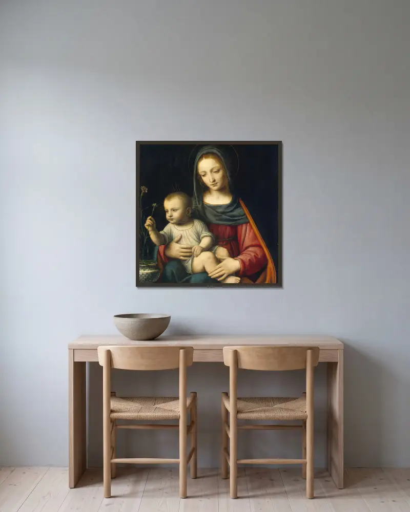 Madonnan med nejlikan av Bernardino Luini inramad på en vägg