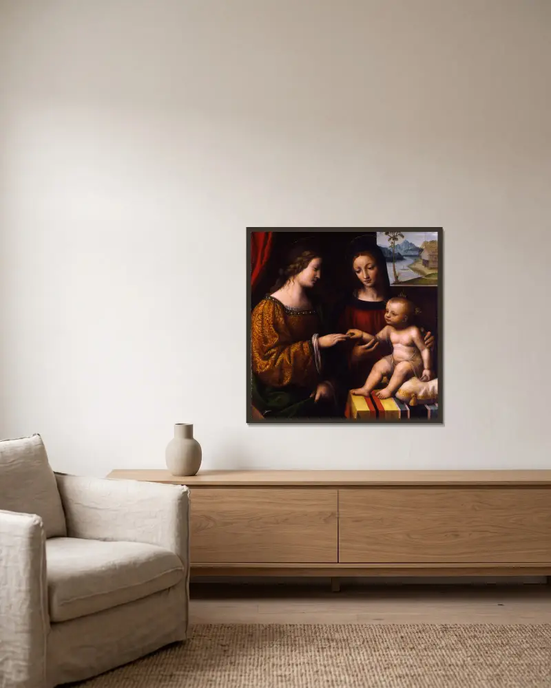 Die mystische Vermählung der heiligen Katharina von Bernardino Luini gerahmt an einer Wand
