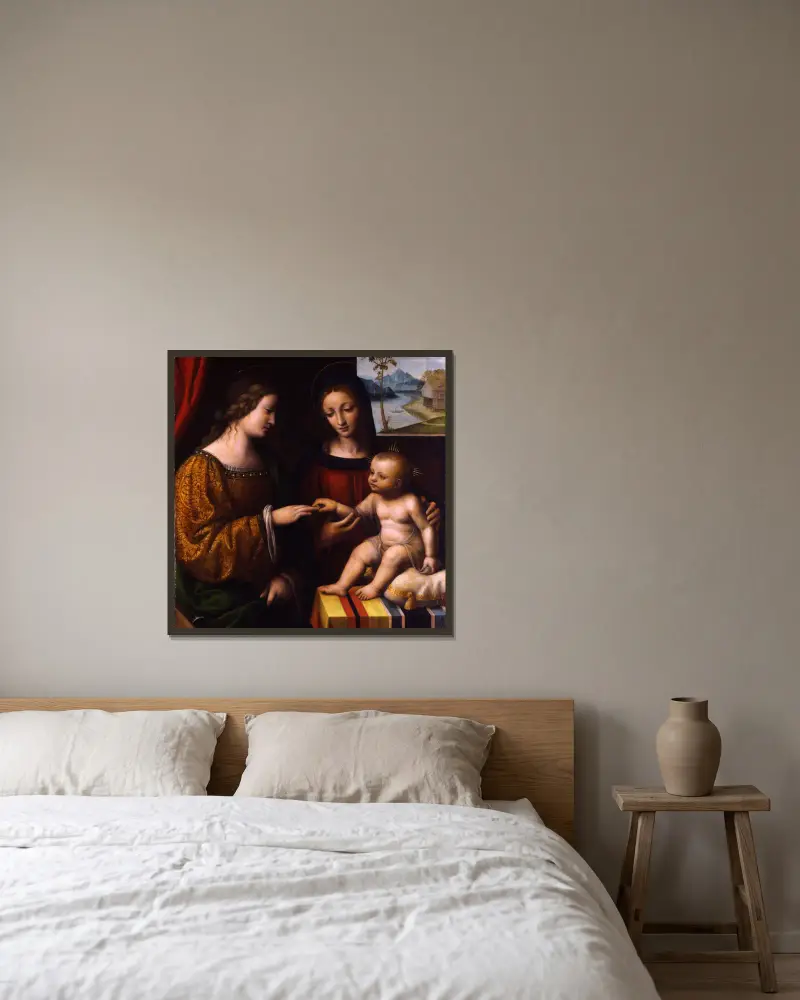 Die mystische Vermählung der heiligen Katharina von Bernardino Luini gerahmt an einer Wand
