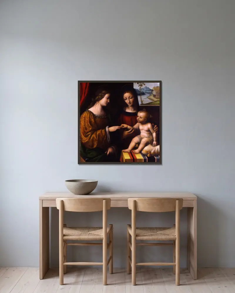 Die mystische Vermählung der heiligen Katharina von Bernardino Luini gerahmt an einer Wand