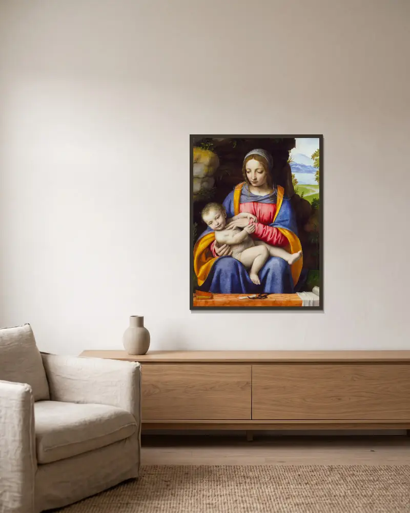 Madonnan med barnet i ett landskap av Bernardino Luini inramad på en vägg