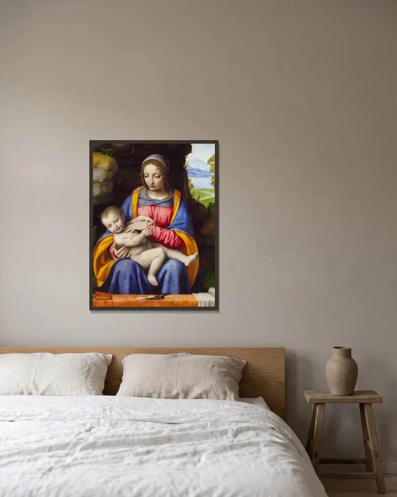 Madonnan med barnet i ett landskap av Bernardino Luini inramad på en vägg