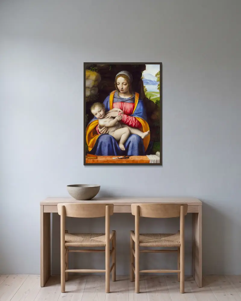 Madonnan med barnet i ett landskap av Bernardino Luini inramad på en vägg