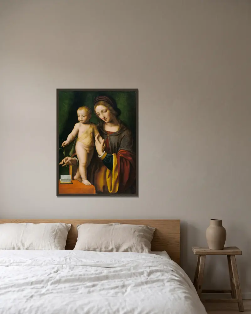 Madonnan med barnet och en akleja av Bernardino Luini inramad på en vägg