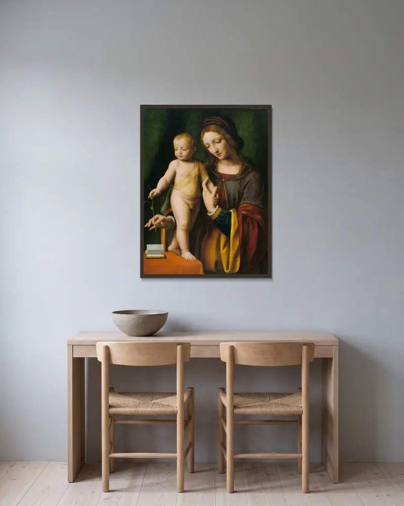 Madonnan med barnet och en akleja av Bernardino Luini inramad på en vägg