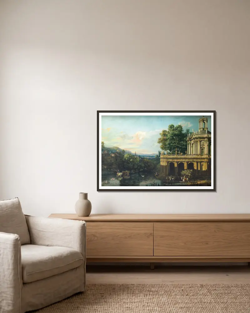 Architektonická capriccia s palácem, Bernardo Bellotto v rámu na stěně