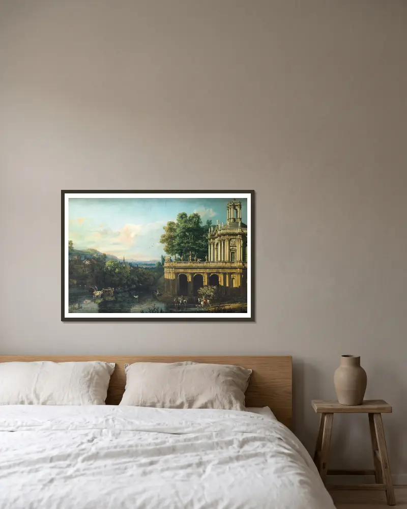 Architektonická capriccia s palácem, Bernardo Bellotto v rámu na stěně
