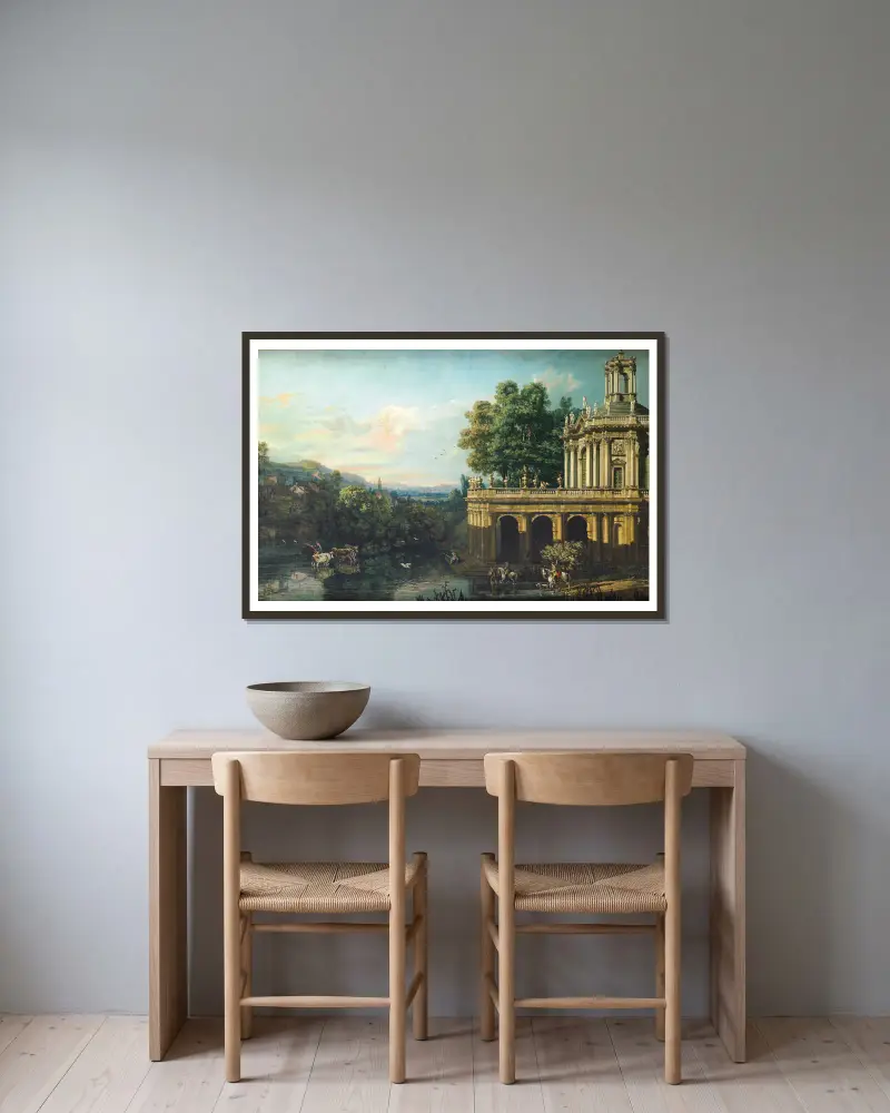 Architektonická capriccia s palácem, Bernardo Bellotto v rámu na stěně
