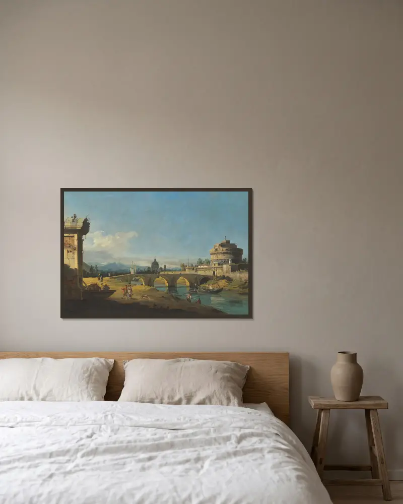 Capriccio med romerska monument, bland annat Castel Sant'Angelo och Peterskyrkan av Bernardo Bellotto inramad på en vägg