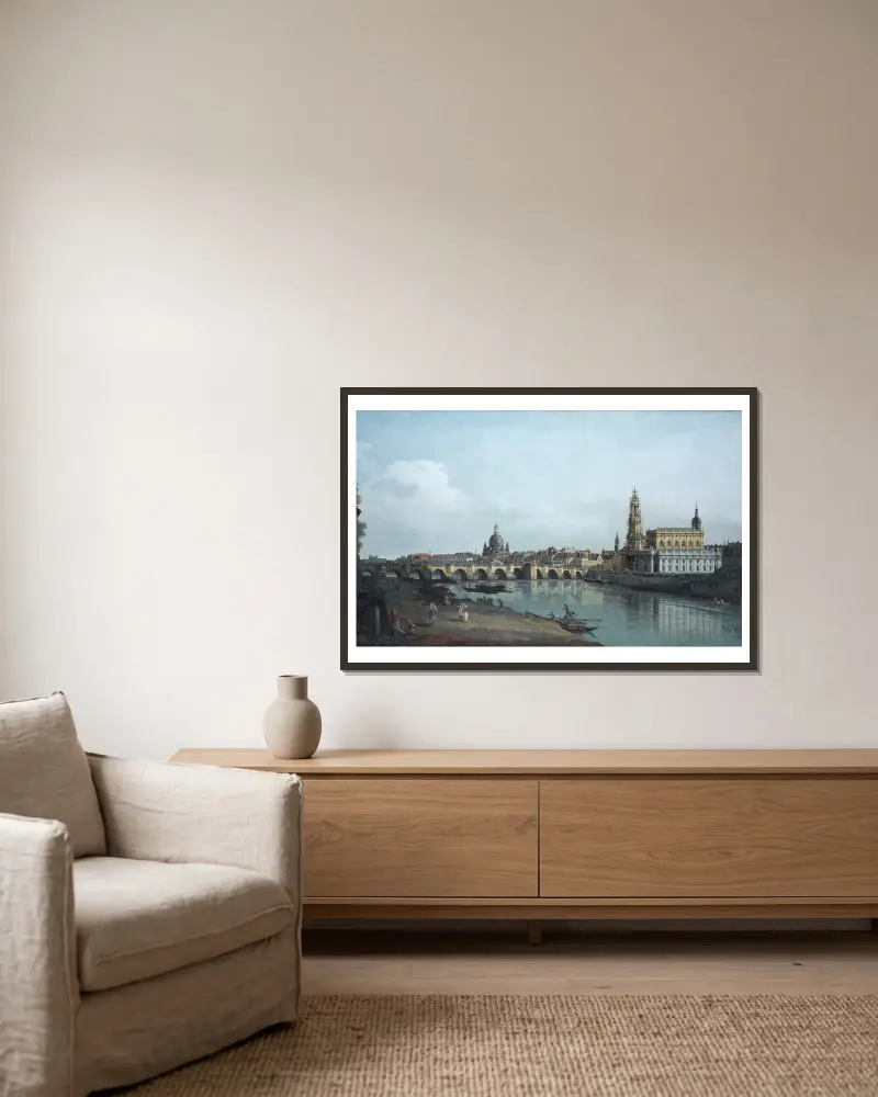 Dresden sett från Elbens högra strand, nedanför Augustusbron av Bernardo Bellotto inramad på en vägg