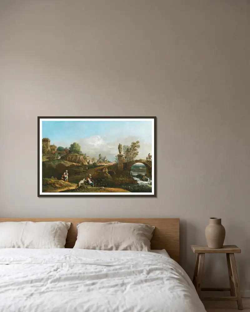 Landskapskapriccio med klassiska och medeltida motiv och några byggnader från Dresden av Bernardo Bellotto inramad på en vägg