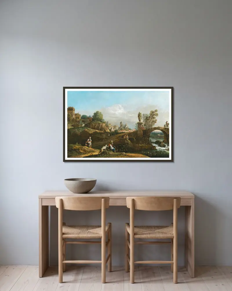 Landskapskapriccio med klassiska och medeltida motiv och några byggnader från Dresden av Bernardo Bellotto inramad på en vägg