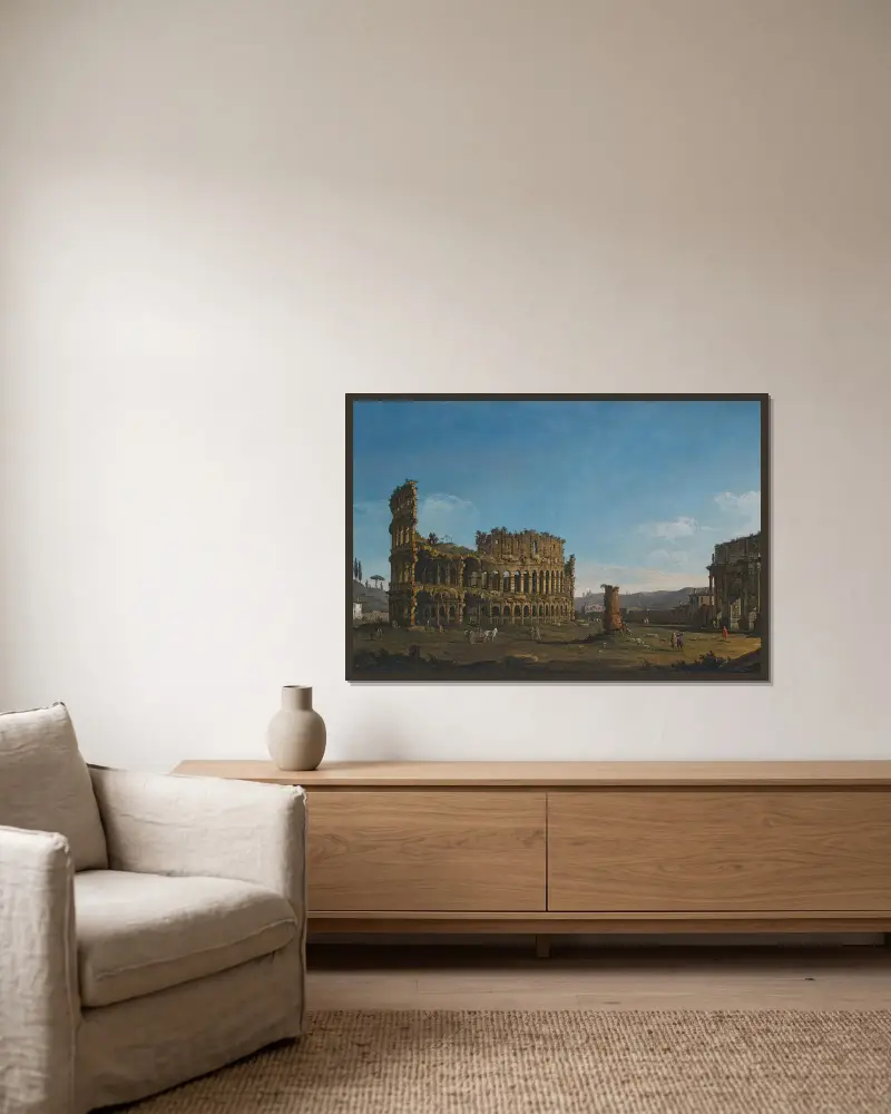Rom, vy över Colosseum och Konstantinbågen av Bernardo Bellotto inramad på en vägg