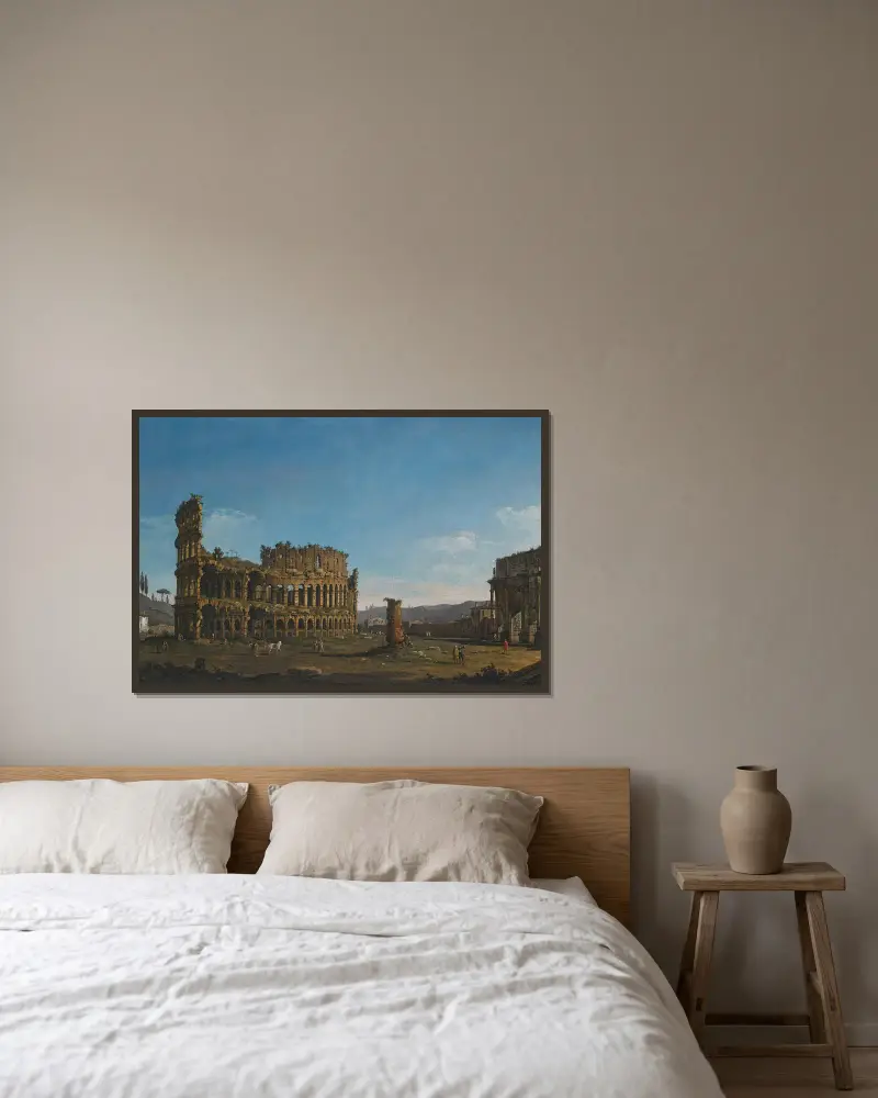 Rom, vy över Colosseum och Konstantinbågen av Bernardo Bellotto inramad på en vägg