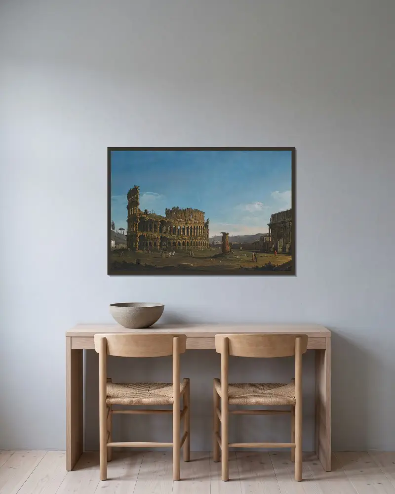 Rom, vy över Colosseum och Konstantinbågen av Bernardo Bellotto inramad på en vägg