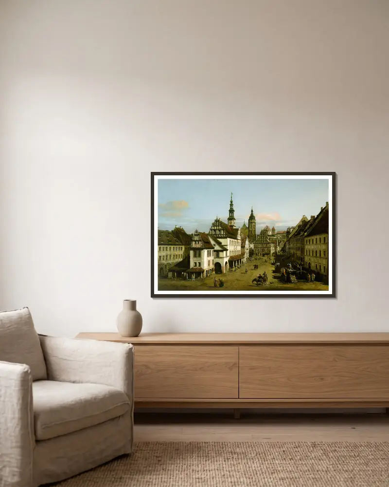 Torget i Pirna av Bernardo Bellotto inramad på en vägg