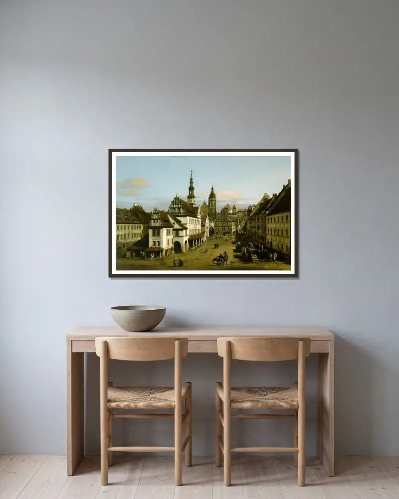 Torget i Pirna av Bernardo Bellotto inramad på en vägg