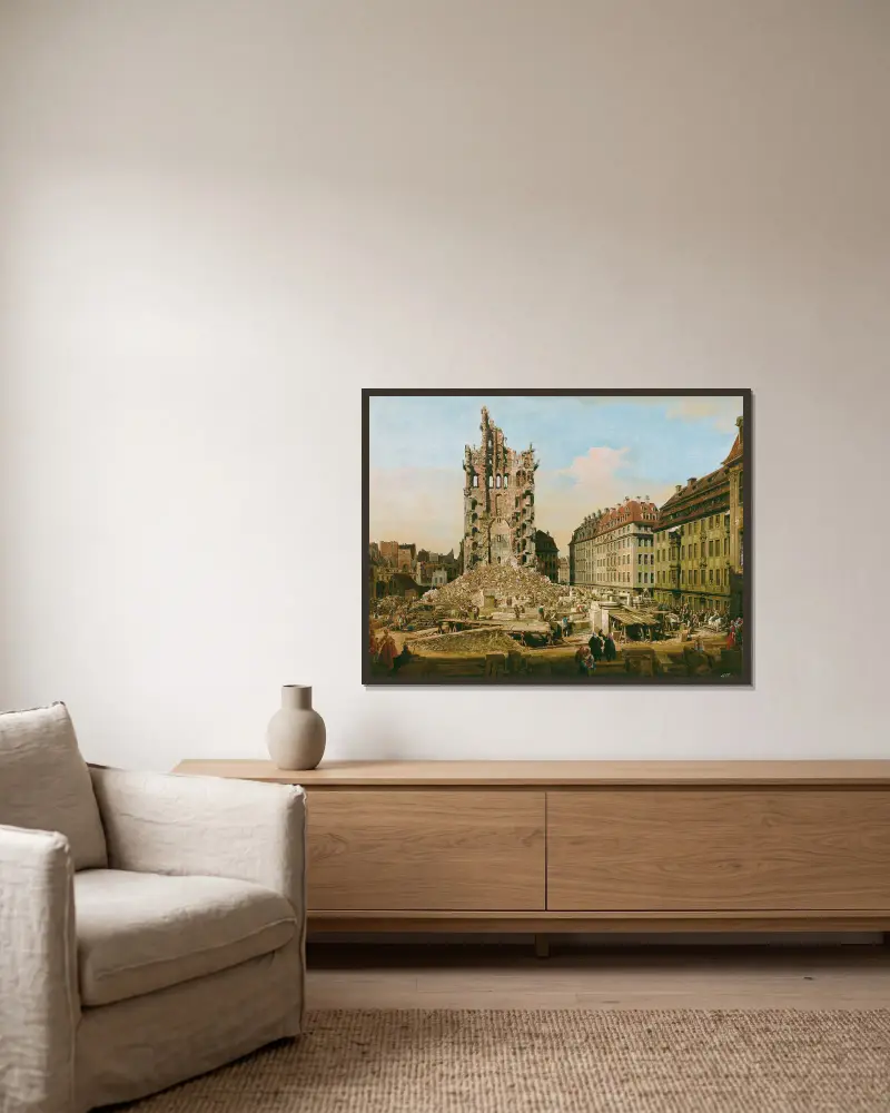 Ruinerna av den gamla Kreuzkirche, Dresden av Bernardo Bellotto inramad på en vägg