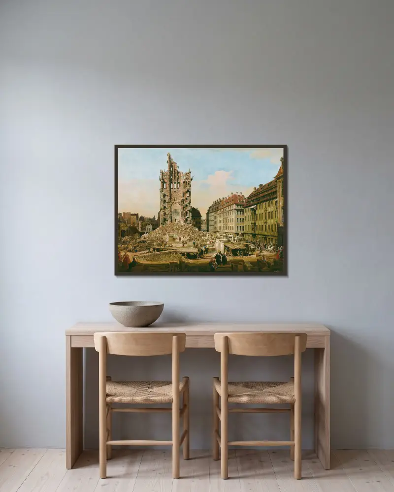 Ruinerna av den gamla Kreuzkirche, Dresden av Bernardo Bellotto inramad på en vägg
