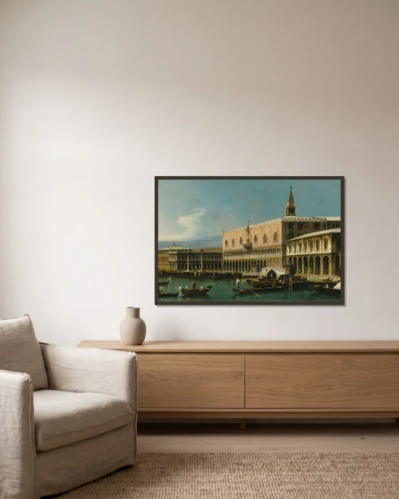 Venedig, vy över Molo mot väster, med Dogepalatset och Piazzettans södra sida av Bernardo Bellotto inramad på en vägg