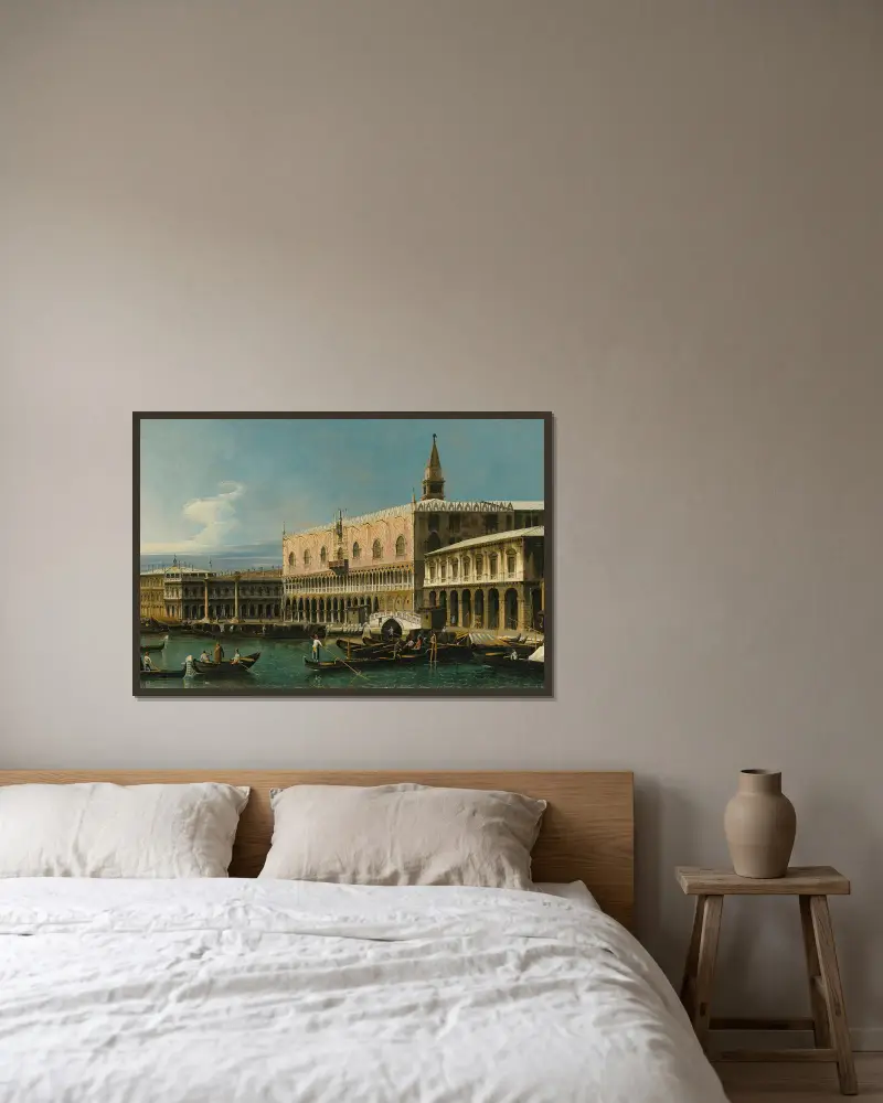 Venedig, vy över Molo mot väster, med Dogepalatset och Piazzettans södra sida av Bernardo Bellotto inramad på en vägg