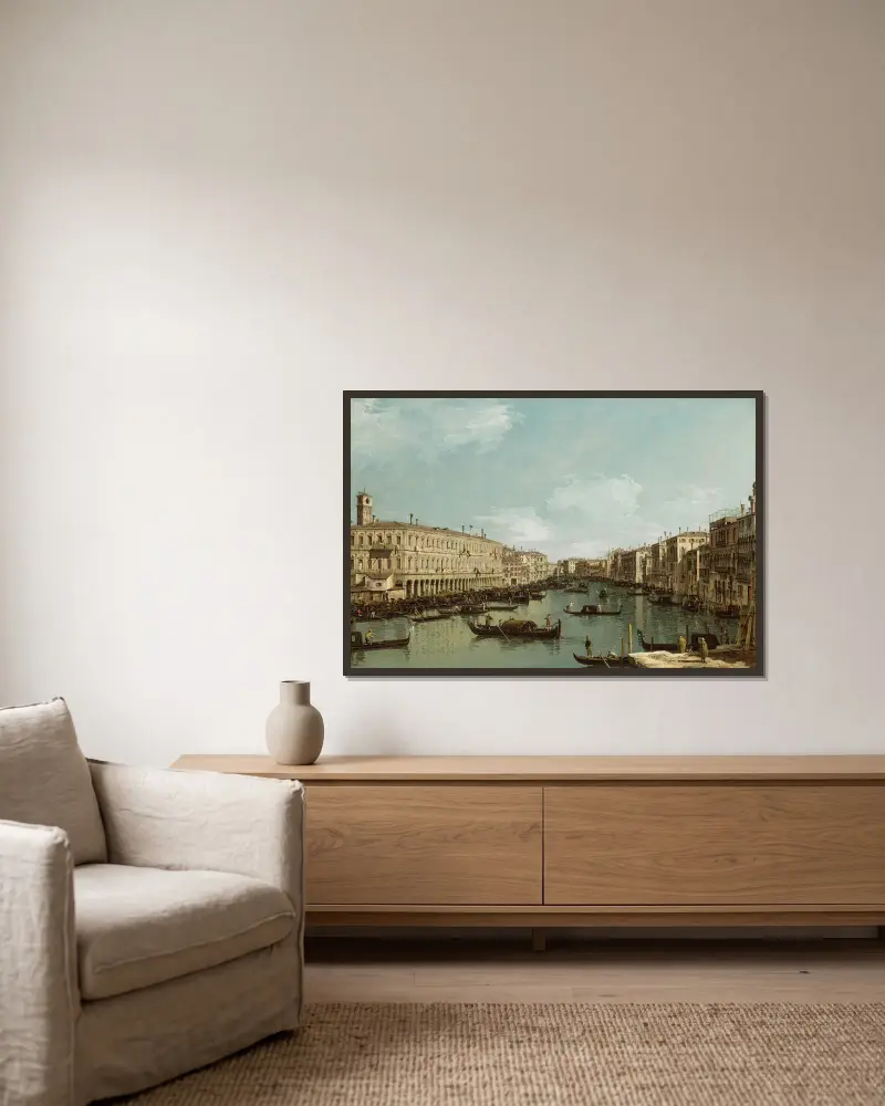 Venedig, Canal Grande mot norr från Rialtobron av Bernardo Bellotto inramad på en vägg