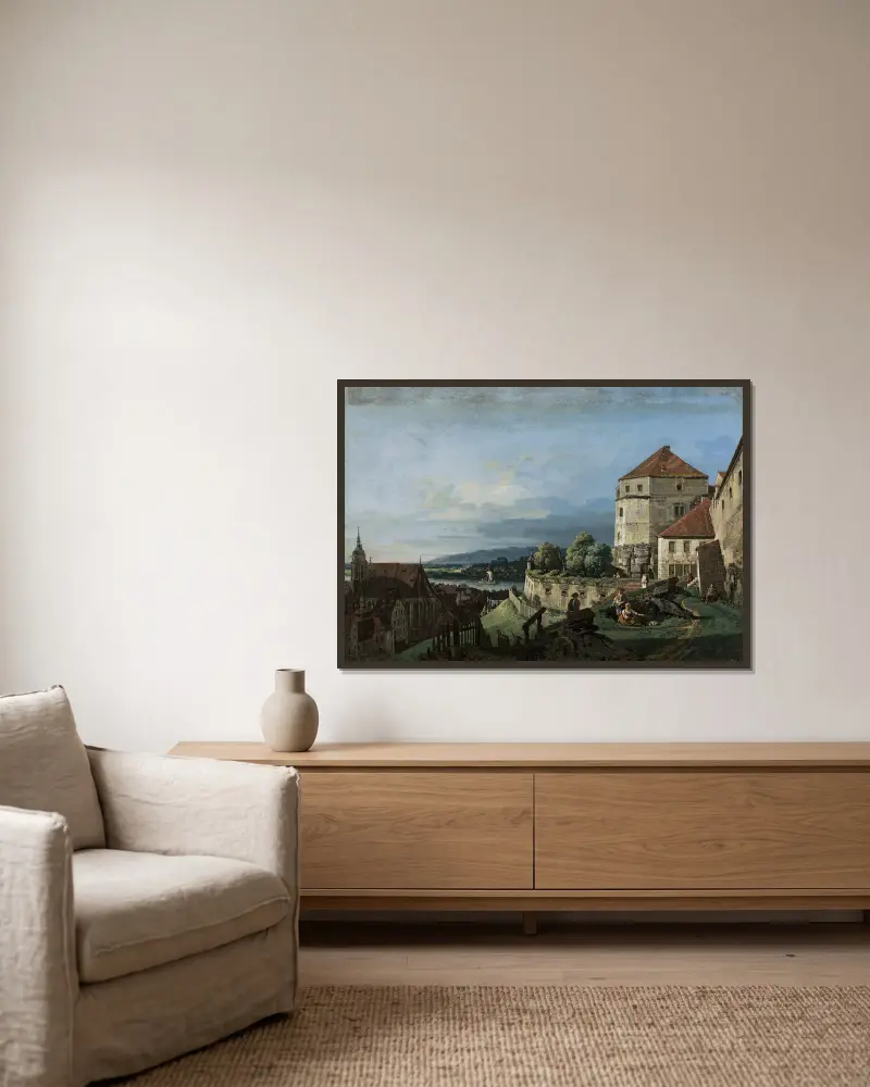 Blick auf Pirna in Sachsen von Bernardo Bellotto gerahmt an einer Wand