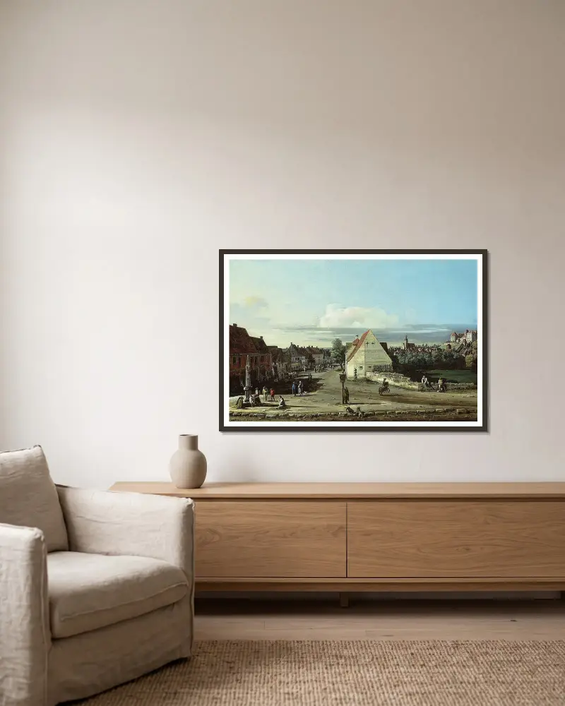 Vy över Pirna med fästningen Sonnenstein av Bernardo Bellotto inramad på en vägg